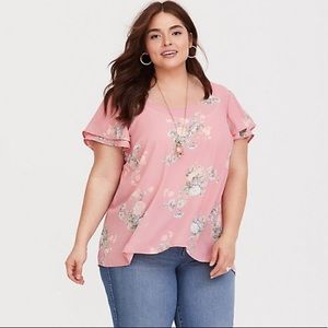 Torrid Pink Floral Flutter Sleeve Georgette Blouse